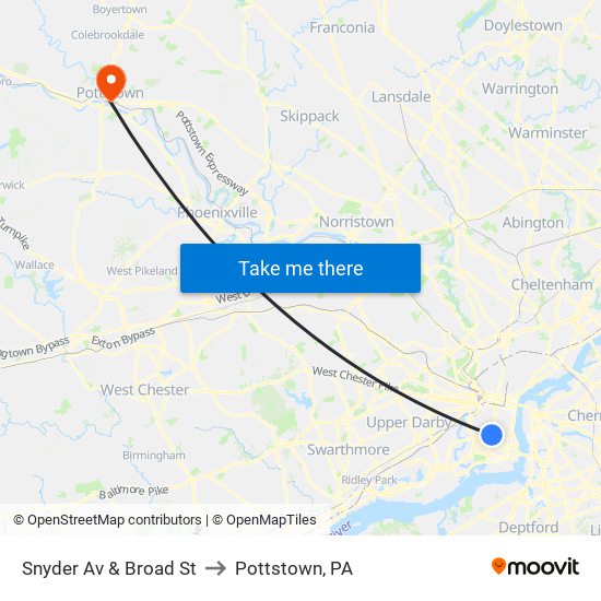 Snyder Av & Broad St to Pottstown, PA map