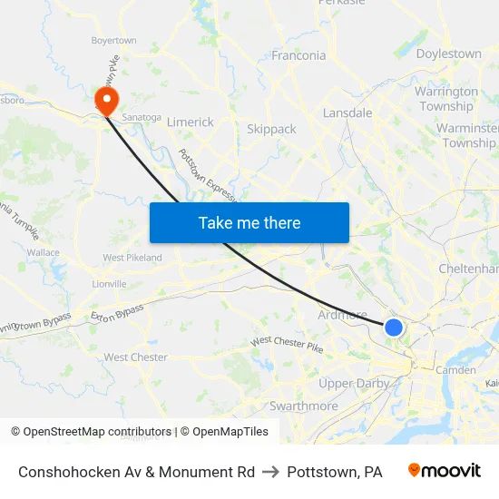 Conshohocken Av & Monument Rd to Pottstown, PA map