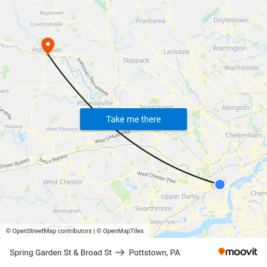 Spring Garden St & Broad St to Pottstown, PA map