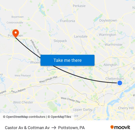Castor Av & Cottman Av to Pottstown, PA map