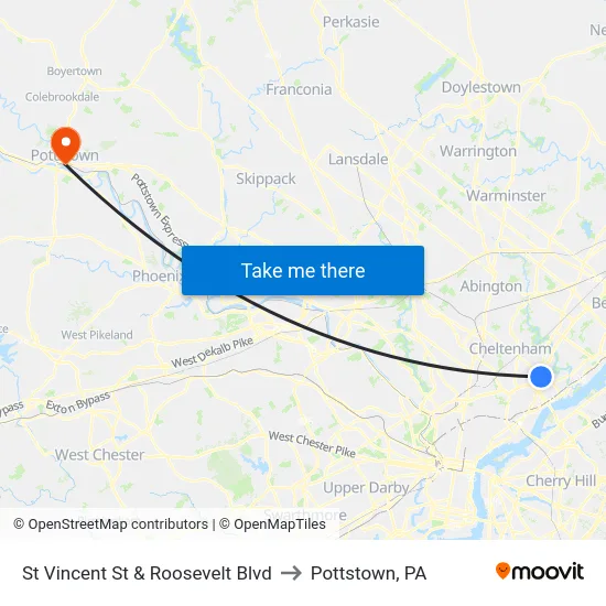 St Vincent St & Roosevelt Blvd to Pottstown, PA map