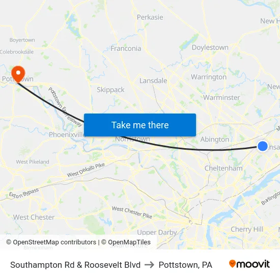Southampton Rd & Roosevelt Blvd to Pottstown, PA map