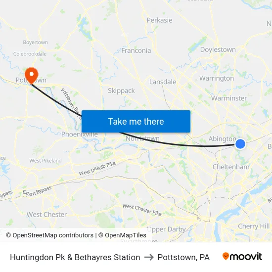 Huntingdon Pk & Bethayres Station to Pottstown, PA map