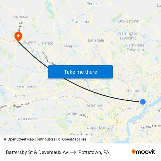 Battersby St & Devereaux Av to Pottstown, PA map