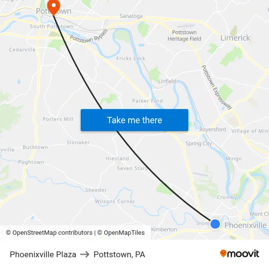 Phoenixville Plaza to Pottstown, PA map