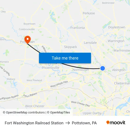 Fort Washington Railroad Station to Pottstown, PA map