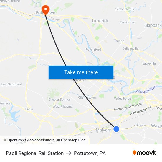 Paoli Regional Rail Station to Pottstown, PA map