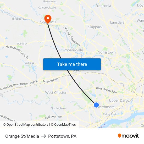 Orange St/Media to Pottstown, PA map