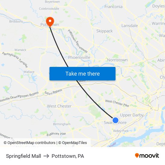 Springfield Mall to Pottstown, PA map