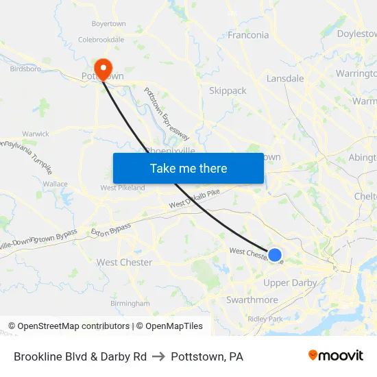 Brookline Blvd & Darby Rd to Pottstown, PA map