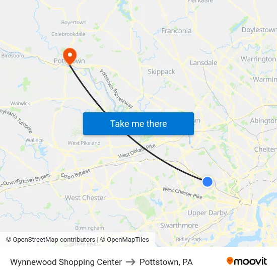 Wynnewood Shopping Center to Pottstown, PA map