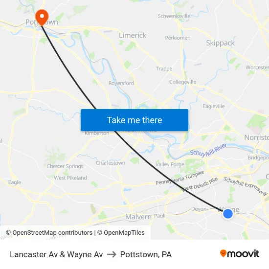 Lancaster Av & Wayne Av to Pottstown, PA map