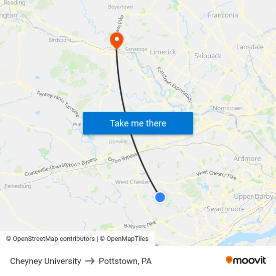Cheyney University to Pottstown, PA map