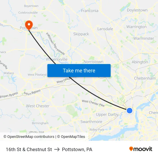 16th St & Chestnut St to Pottstown, PA map