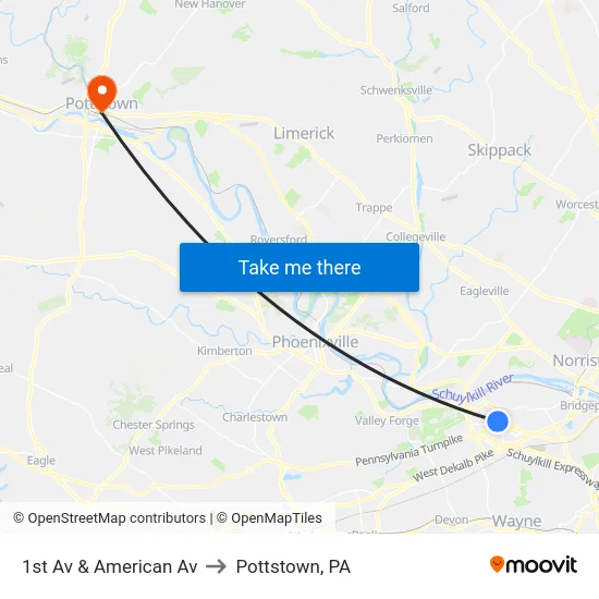 1st Av & American Av to Pottstown, PA map