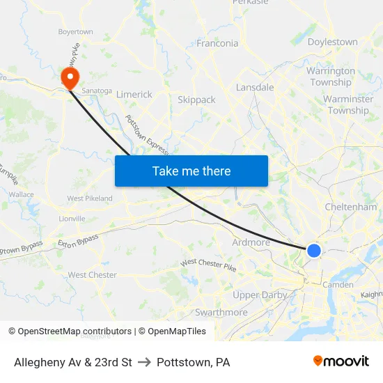 Allegheny Av & 23rd St to Pottstown, PA map