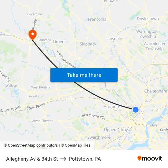 Allegheny Av & 34th St to Pottstown, PA map