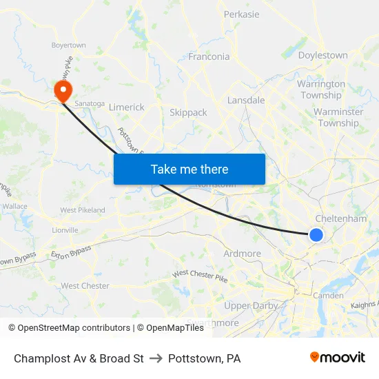 Champlost Av & Broad St to Pottstown, PA map