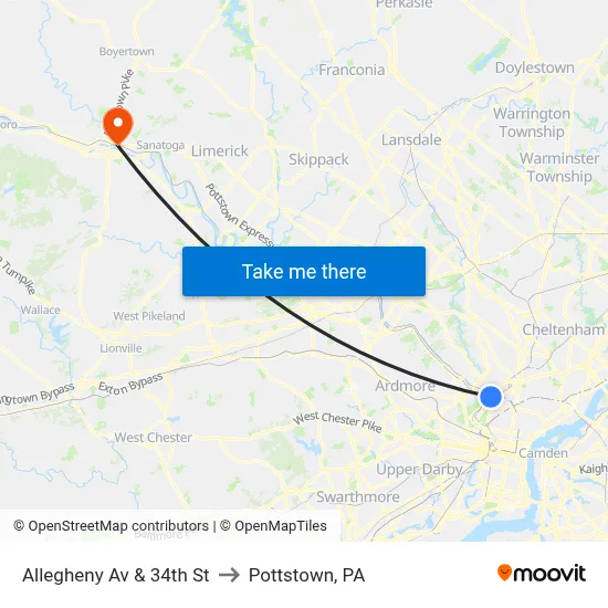 Allegheny Av & 34th St to Pottstown, PA map