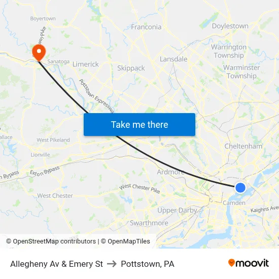 Allegheny Av & Emery St to Pottstown, PA map