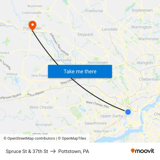 Spruce St & 37th St to Pottstown, PA map