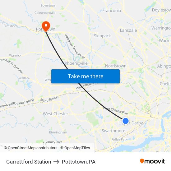 Garrettford Station to Pottstown, PA map