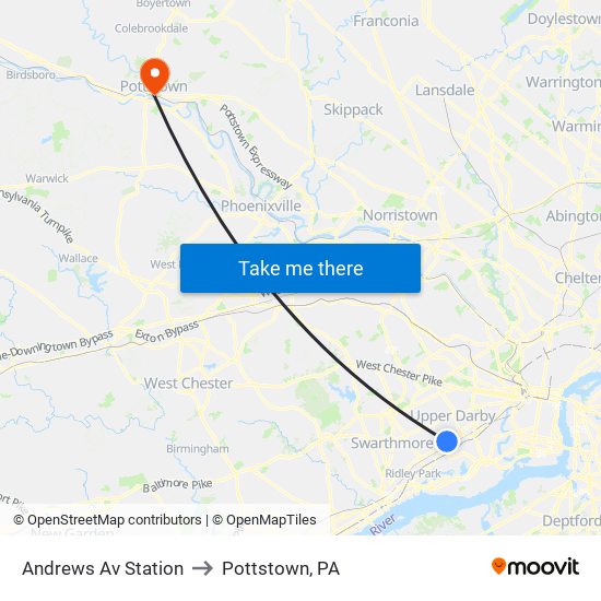 Andrews Av Station to Pottstown, PA map