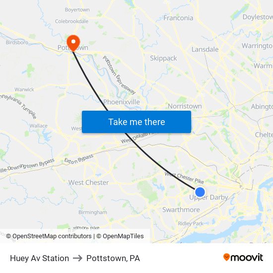 Huey Av Station to Pottstown, PA map