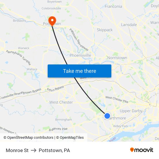 Monroe St to Pottstown, PA map