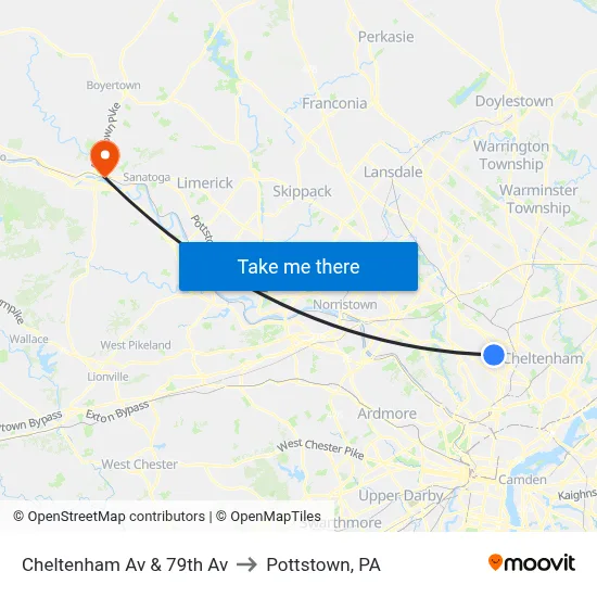 Cheltenham Av & 79th Av to Pottstown, PA map