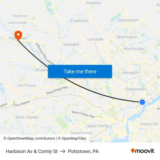 Harbison Av & Comly St to Pottstown, PA map