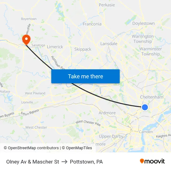 Olney Av & Mascher St to Pottstown, PA map