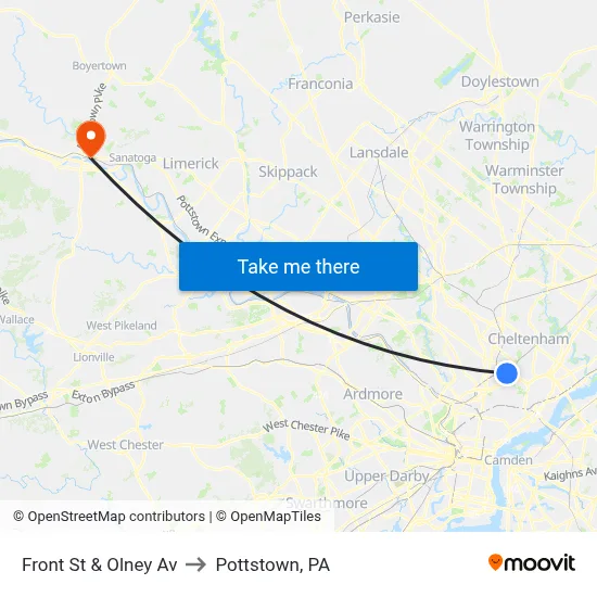 Front St & Olney Av to Pottstown, PA map
