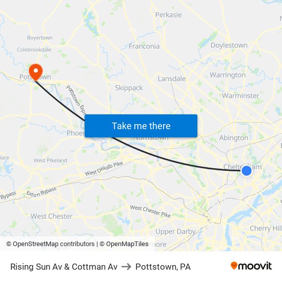 Rising Sun Av & Cottman Av to Pottstown, PA map