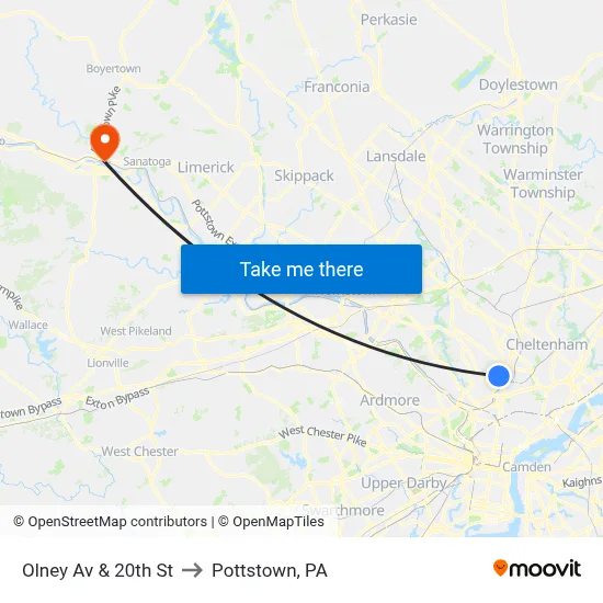 Olney Av & 20th St to Pottstown, PA map