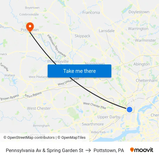 Pennsylvania Av & Spring Garden St to Pottstown, PA map