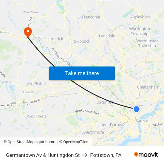 Germantown Av & Huntingdon St to Pottstown, PA map