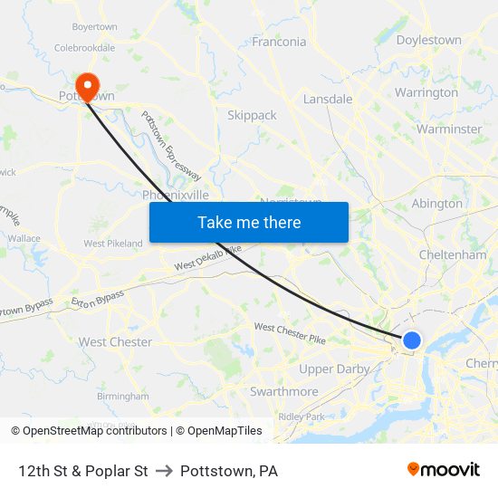 12th St & Poplar St to Pottstown, PA map