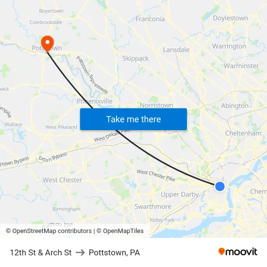 12th St & Arch St to Pottstown, PA map