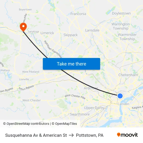 Susquehanna Av & American St to Pottstown, PA map