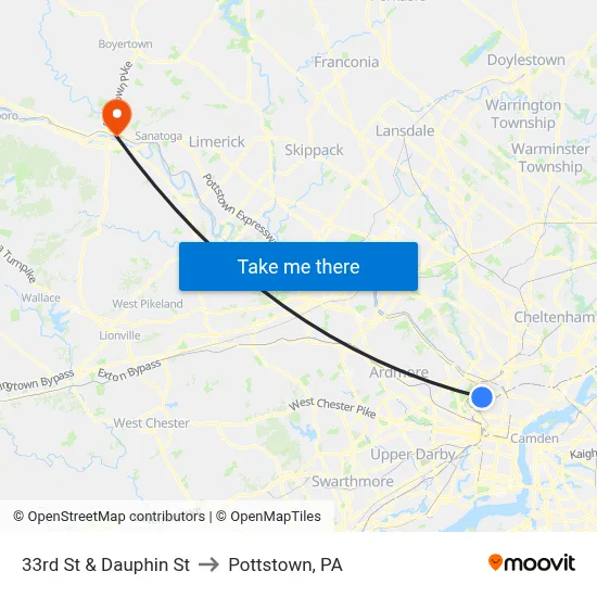 33rd St & Dauphin St to Pottstown, PA map