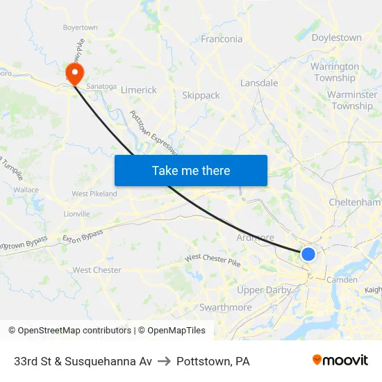 33rd St & Susquehanna Av to Pottstown, PA map