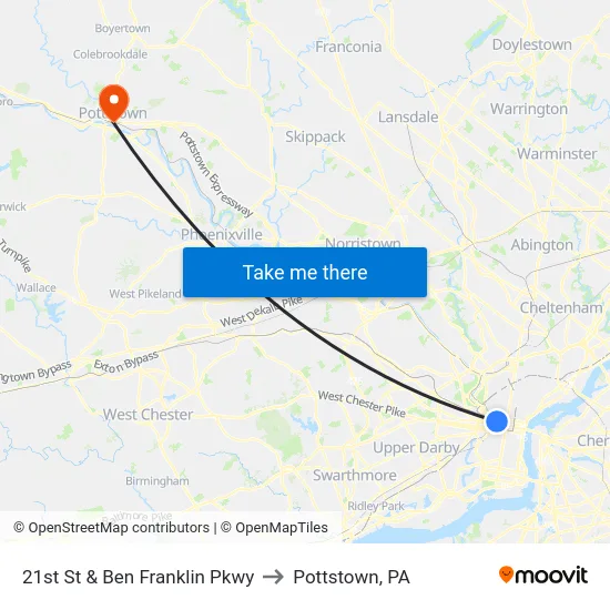 21st St & Ben Franklin Pkwy to Pottstown, PA map