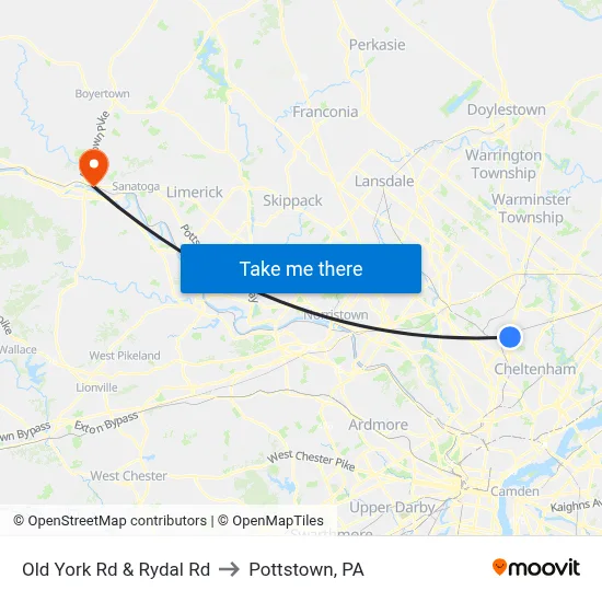 Old York Rd & Rydal Rd to Pottstown, PA map