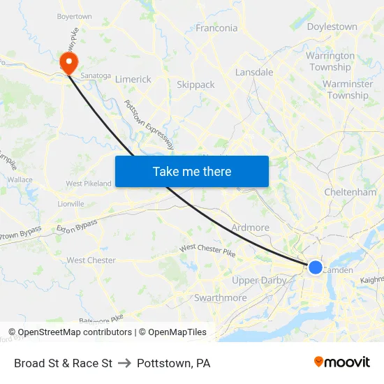 Broad St & Race St to Pottstown, PA map