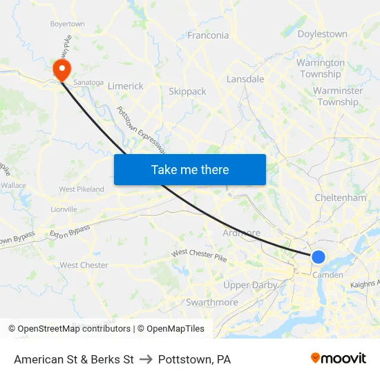 American St & Berks St to Pottstown, PA map