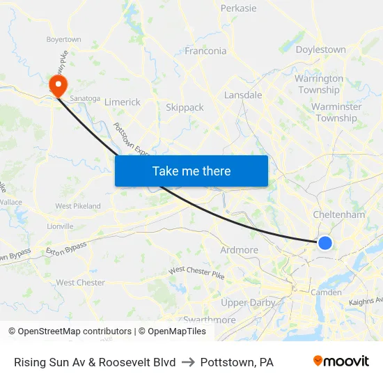 Rising Sun Av & Roosevelt Blvd to Pottstown, PA map