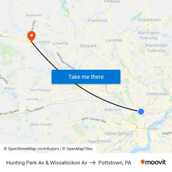 Hunting Park Av & Wissahickon Av to Pottstown, PA map