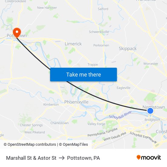 Marshall St & Astor St to Pottstown, PA map