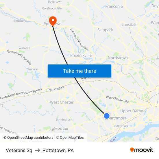 Veterans Sq to Pottstown, PA map